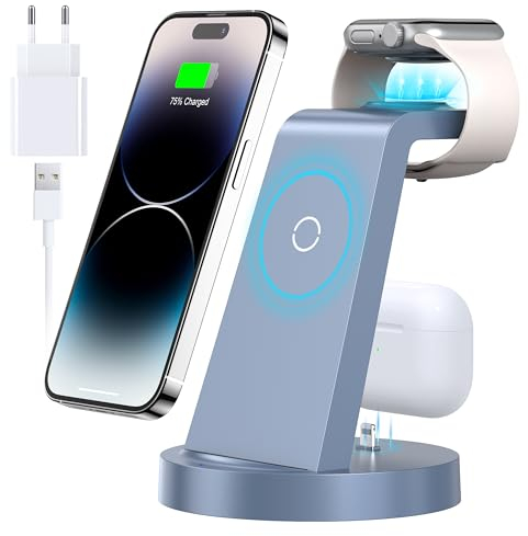 3 in 1 iPhone Ladestation Kabelloses Ladegerät für Apple - Wireless Charger für 16e 16 15 14 13 12 11 X Pro Max & Apple Watch 10 9 8 7 6 SE 5 4 3 2 Air Pods 4 3 Pro mit 18W Fast Adapter(Blau)