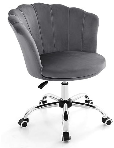RELAX4LIFE Bürostuhl Samt, Drehstuhl Höhenverstellbar, Schreibtischstuhl mit Rollen & Muschel-Rückenlehne, Schminkstuhl Gepolstert, Computerstuhl für Wohnzimmer Schlafzimmer Büro (Grau)