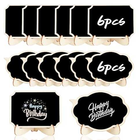 LUCKNIGHT 12 Stück Mini Kreidetafel mit Ständer, Kreidetafel Klein, Buffet Schilder, Preisschilder, Holzschilder, zum Beschriften, Platzkarten Hochzeit, mit Kreidemarker 11,5x8,5 cm/10x7,5 cm, Schwarz