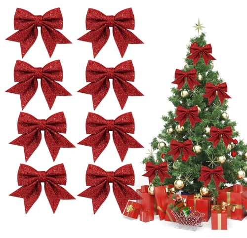 KATELUO 8 Stück Rote Schleifen Weihnachten,Glitzer Schleifen,Glitzer Weihnachtsbaum Schleifen,weihnachtsschleifen Dekoration,für Weihnachten,Party,Baumkranz Dekorationen,Geschenk