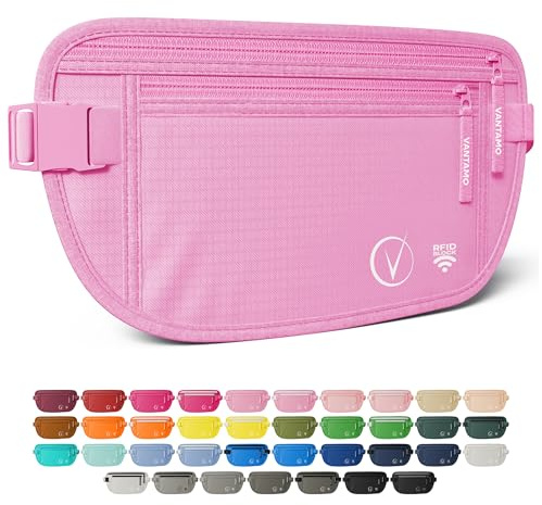 Vantamo Bauchtasche Damen Ultraflach mit RFID-Schutz, Geldgürtel für Reisen mit 2 Fächer und Verstellbarem Gurt, Hüfttasche Herren für Laufen und Wandern Passt für Reisepass, Bargeld und Telefon