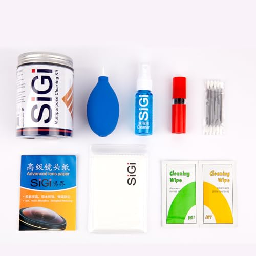 SiGi SG71 Kit de nettoyage 7 en 1 pour objectif d'appareil photo numérique sans miroir pour appareil photo reflex numérique avec souffleur d'objectif/détergent/tampons/chiffon de nettoyage/brosse de