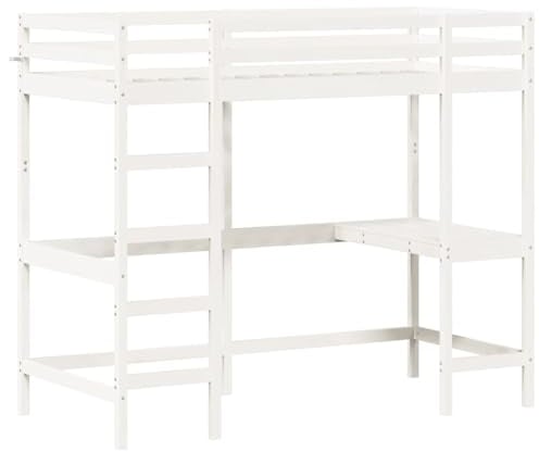 vidaXL Hochbett mit Schreibtisch, Bett für Kinder ab 6 Jahren, Stockbett mit Sperrholzlatten, Etagenbett Kinderbett, Weiß 90x190cm Massivholz Kiefer