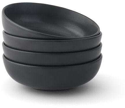 JoyJolt Mesa 30oz Stoneware Pasta Bowls Set of 4, Salad Bowls, Serving Bowls for Kitchen Oatmeal Soup Dinner, Matte Black Dishwasher and Microwave Safe Wide and Shallow Plate Bowls