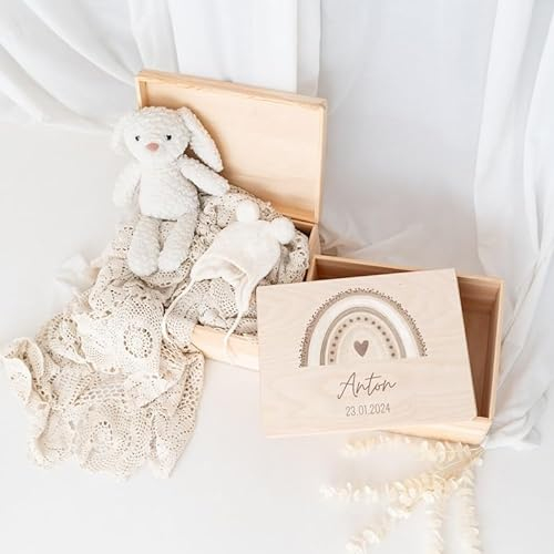 wunderwunsch® - Personalisierte Erinnerungsbox Baby mit Spezial-Druck - Baby Erinnerungsbox - Erinnerungskiste aus Holz - Geschenk zur Geburt (beige, S | Klappdeckel)