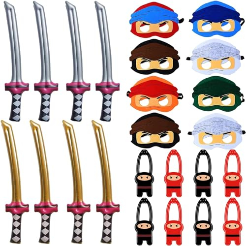 Vomkela Ninjaoo Geburtstagsdeko,Kindergeburtstag Mitgebsel,Ninja Geburtstag Party Mitgebsel,8 Ninja Masken,8 Dehnbare Fliegende Spielzeug,8 Ninja Schwert Kinder