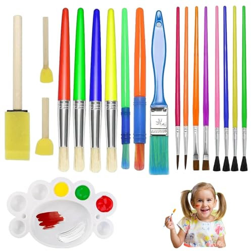 WUBAYI 19 Pcs Kids Paint Brushes Set with Paint Palette Round, Colorful Painting Brushes for Children Toddlers Beginners, Painting Brush for Face, Watercolor, Oil, Wall, Ceramic and Rock