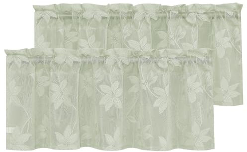DWCN 2 Pack White Floral Lace Valances for Kitchen - Rod Pocket Half Window Sheer Curtains for Small Window Living Room Cafe, 42 x 18 inch, Sage Green