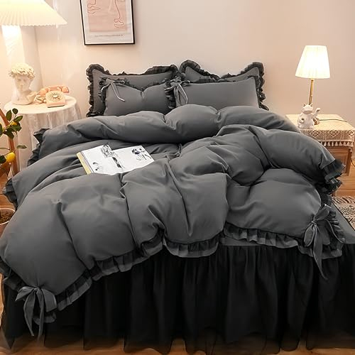 GETIYA Damen Mädchen Bettwäsche 135x200 4Teilig Dunkelgrau Bettwäsche mit Rüschen Aesthetic Unifarben Bettbezug mit Schleife Weich Mikrofaser Bettwäsche Set mit 2 Kissenbezug 80x80