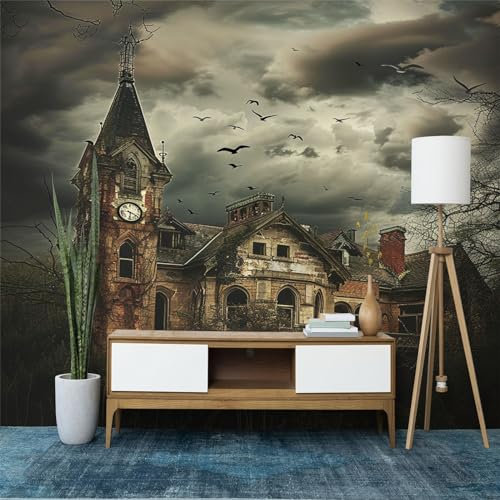 Fototapete Vintage-Architektur Burgen Fledermäuse Wandtapete, Moderne Vlies Tapeten für Schlafzimmer und Wohnzimmer Dunkel Wandtapete Wanddekoration 300 x 210 cm (WxH) Wandbild