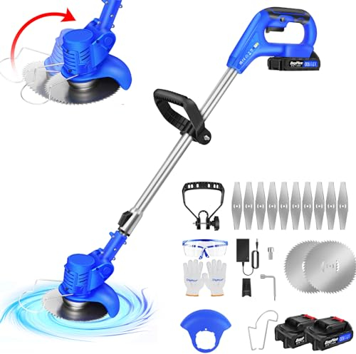 Rasentrimmer mit 2X Akku Rasenkantenschneider, Elektrischer Rasentrimmer, Akku Freischneider & Garten-Rasen-Unkraut-Trimmer Elektro-Trimmer Gartenkantenfräser mit Drehkopf, Teleslopstiel für Garten