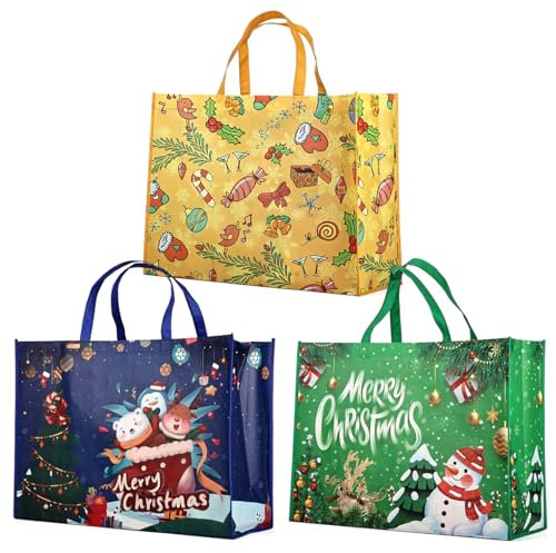 3 Stück Riesige Weihnachtsgeschenktaschen, Tragetaschen mit Griffen, Treat-Taschen, Nichtgewebte Taschen für Geschenke, die Einkaufen verpacken, Weihnachtsfeierzubehör