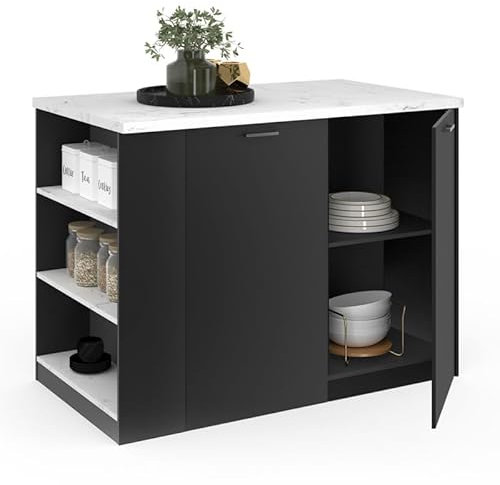IDMarket – Ilot central TIBO 120 cm madera negra con encimera efecto mármol ALASKA