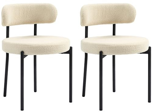 HOMCOM Lot de 2 chaises Salle à Manger Chaise de Cuisine Moderne Chaise de Salon rembourrée en Tissu Effet Laine boucleé avec Dossier et Pieds en Acier Noir, pour Salon Chambre, Beige