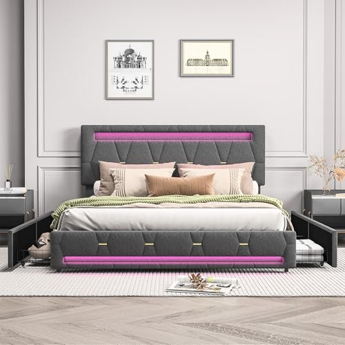 Polsterbett 140x200 cm mit 4 Stauraum Schublade,Doppelbett, LED Kopfteil mit USB Ladefunktion, Rückenlehne Bett mit Stauraum und Lattenrost, Stauraumbett, Leinen, Ohne Matratze (Grau-09)