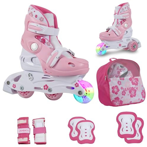 JAMBACH Kinder Inline-Skates mit Schutzset verstellbar zum Rollschuh mit Led (Rosa-Weiß, S (30-33) ohne Helm)