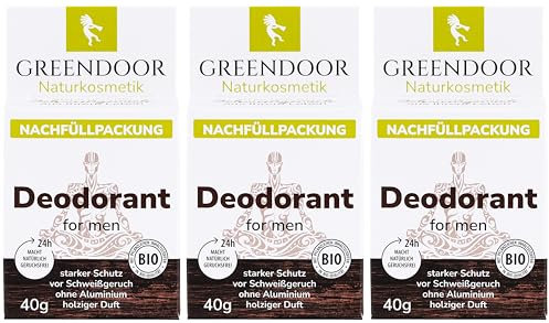 GREENDOOR Deodorant Refill System, 3 * 40g Refills for men, nachfüllbares festes Deo ohne Aluminium, sicherer starker Schutz, vegan, holzig frischer Duft, plastikfrei