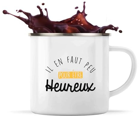 Tasse Métal Heureux | Mug | Idée Tasse Personnalisable en Métal Cadeau Anniversaire Camping Fête Original Famille Travail Départ Collègue Retraite Noël.