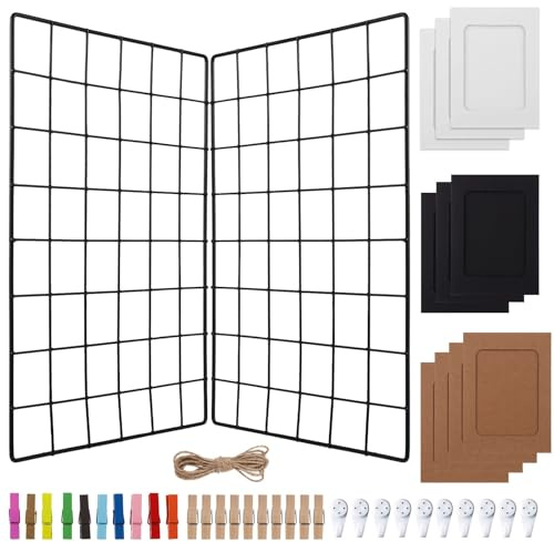 Gitterhalter, 40 x 30 cm Drahtwand, 4 Stück, Metalldraht, Memoboards, hängende Anzeige, Wanddekor-Organizer über Bilderrahmen, Clips, Haken, plus Hanfseil, Wand