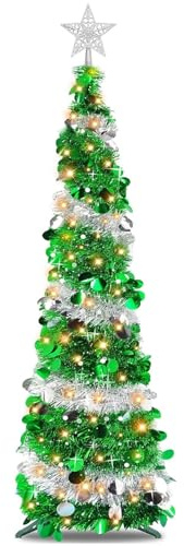 Pop up Christmas Tree with Lights, 5FT/1.5M Collapsible Artificial Christmas Tree with Topper Star, Prelit Pre Silver Tinsel Pencil Trees Decoration for Indoor Home Apartment Porch Party