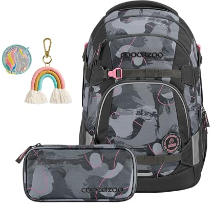 Coocazoo Schulrucksack-Set MATE „Bubble Brush“ 3-teilig, grau, ergonomischer 30L Tornister, mit Brust- und Hüftgurt für Kinder ab der 5. Klasse, inkl. Mäppchen und COLOUR UP-Set