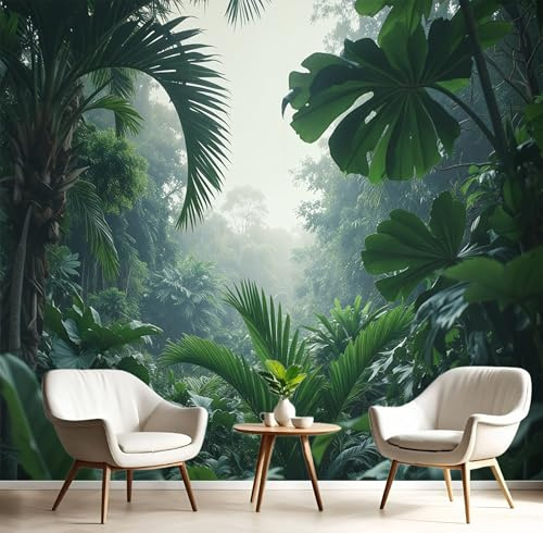 Fototapete Grün Nebelwald Tapete 3D Effekt Tapeten Tropische Natur Wandtapete Wohnzimmer Schlafzimmer Kinderzimmer Wand Dekoration Motivtapeten,250X170Cm