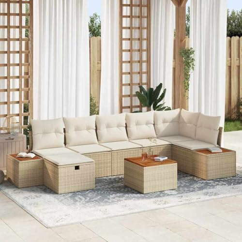 Holamys Garten-Sofa-Set, 8-teiliges Outdoor Terrassenmöbel-Set aus Poly-Rattan, Beige, mit bequemen Kissen, Stauraum & höhenverstellbarem Gartentisch für Terrasse, Balkon & Garten