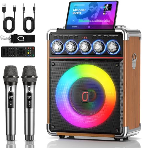 HWWR Karaoke Machine with 2 Wireless Mics for Adults, Wood Finish | Bluetooth 5.3, 100WPeak Power, 6000mAh battery, 6.5 woofer, TWS, USB/TF/AUX & vocal controls for home, outdoor karaoke
