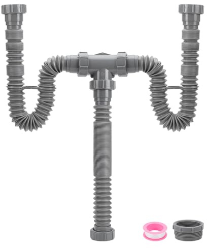 NBEADS Kit di Scarico per Doppio Lavello, Sifone Flessibile A P, Set Idraulico con 2 rotolo di Nastro Sigillante In PTFE, Kit Tubi Adatto per Cucina e Bagno con Anello di Tenuta, Grigio