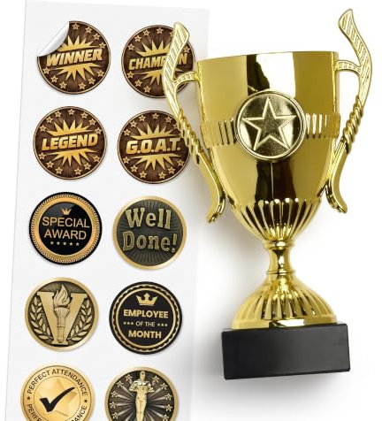 TROPHIESPLUSMEDALS Gold Merit Trophy Cup, 15cm, 10 Stickers, Marble | Plastic gold trophy cup with marble base, 10 achievement stickers and free engraving, ideal for sports and leagues.