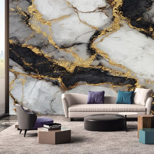 Marble Effect Wallpaper, Black White Gold Wallpapers Mural for Living Room Badroom Kitchen, Marble Effect Home Decor Wall Art Murals Stickers 500x280 cm, Not Self Adhesive, KD2281