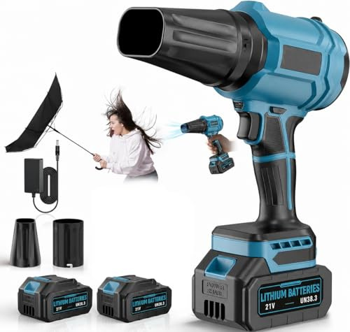 Souffleur Batterie avec 2 Batteries 4,0 Ah, 21V Souffleur de Feuilles sans Fil 65 m/s, Moteur Brushless 800,000 TR/Min, 2 Buses, Réglage Variable, pour Jardin, Terrasse, Voiture (Bleu)