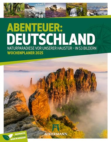 Abenteuer Deutschland Kalender 2025, Wochenkalender im Hochformat mit Rätsel und Sudokus (25x33 cm) - Natur- und Landschaftskalender - Nordsee - Ostsee - Alpen - Elbsandsteingebirge