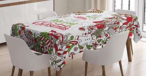 ABAKUHAUS Weihnachten Tischdecke, Sankt-Schneemann-Wünsche, Pflegeleicht Waschbar Schmutzabweisend und mit Klaren Farben Hochwertiger Druck, 140 x 240 cm, Weiß Rot Grün