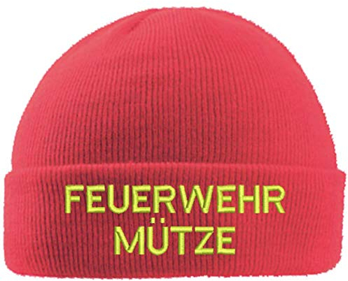 Wolfszeit Strickmütze Feuerwehr 2-zeilig Bestickt - personalisiert (rot)