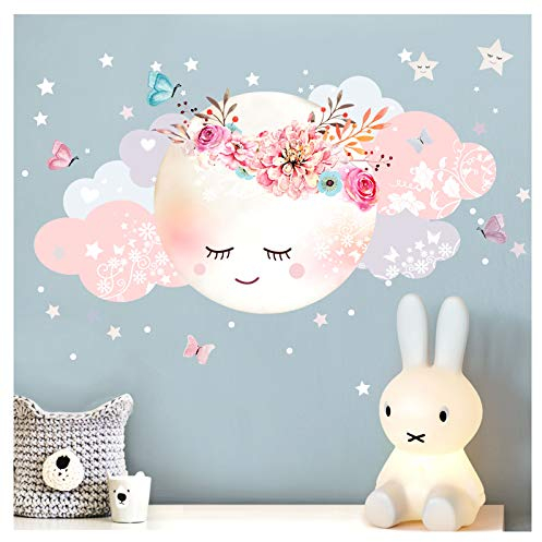 Little Deco Wandsticker Mond & Wolken I Weiß/Rosa XL - 100 x 51 cm (BxH) I Kinderzimmer Wandtattoo Mädchen Baby Deko Zimmer DL246-1-XL