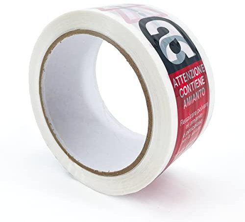 IMBALLAGGI 2000 - Nastro Adesivo Pacchi Bianco + Scritta Pericolo Amianto in Polipropilene 144Pz 5cm x 66mt x 76 mm Nastro Imballaggio per Spedizioni e Smaltimento Forte Durevole a Strappo Silenzioso