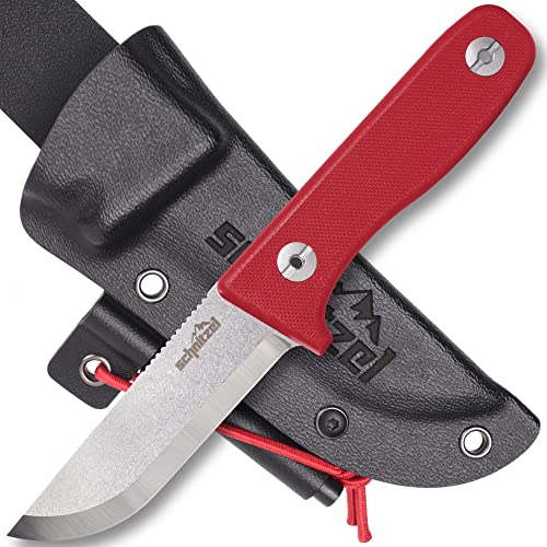 SCHNITZEL DU - Outdoormesser mit Scheide und Feuerstahl für Kinder ab 10 Jahre - scharf inkl. Gürtelhalterung, div Farben - Kindermesser Schnitzmesser Fahrtenmesser, (Rot)