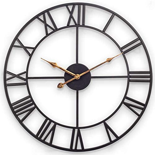 SkyNature Wanduhr Große Vintage, 60cm Industrie Dekor Wanduhren mit Römischen Ziffern, Leise Ohne Tickgeräusche Schwarz Metall Uhr, Retro Wanduhr für Wohnzimmer, Küche, Schlafzimmer, Büro, Bauernhaus