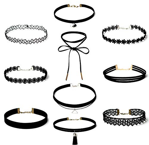 yeemeen Choker Halskette 10 PCS Halskette, Velvet Chokers Schwarz, Kette Halskette Set, Gotik Choker Halskette für Damen Mädchen, Länge einstellbare