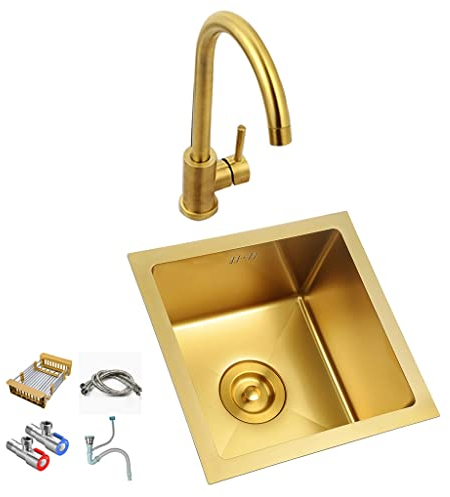Küchenspülen Waschbecken Aus Goldbarren Spüle Aus Edelstahl 304 Kleine Einbauspüle In Der Küche Mit Wasserhahn Nanobeschichtung Leicht Zu Reinigen (Color : Gold, Size : 36x36x21.5cm)