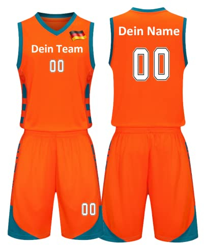 Benutzerdefiniert Basketball Trikots Kinder Herren mit Namen Nummber Logo Basketball Jersey Shirt und Shorts (Orange)