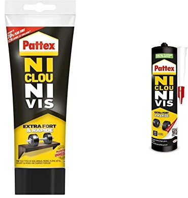 Pattex Ni Clou Ni Vis Extra Fort et Rapide, Colle Blanche, 260g & Ni Clou Ni Vis Extra Fort & Rapide, colle de fixation surpuissante, colle rapide qui permet une prise instantanée, cartouche 380 g
