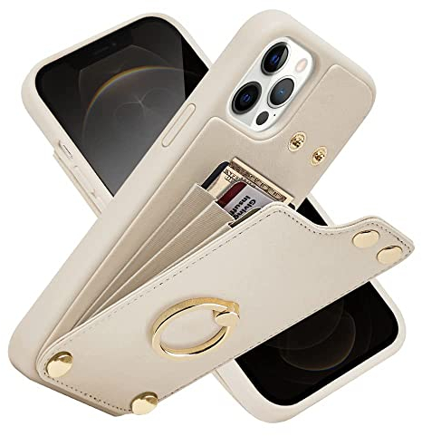 CUSTYPE Hülle, Handyhülle【Mikrofaser-Leder】【Kartenfach】【Ringständer】 RFID Schutzhülle Lederhülle Tasche Etui iPhone 12 &iPhone 12 Pro Beige(6,1”)