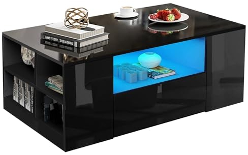 Blisswood Led Coffee Table with 2 Drawer Storage, High Gloss Coffee Table for Living Room Wooden Centre Table with RGB Led Lights Rectangle Tea Table for Living Room Furniture, Black