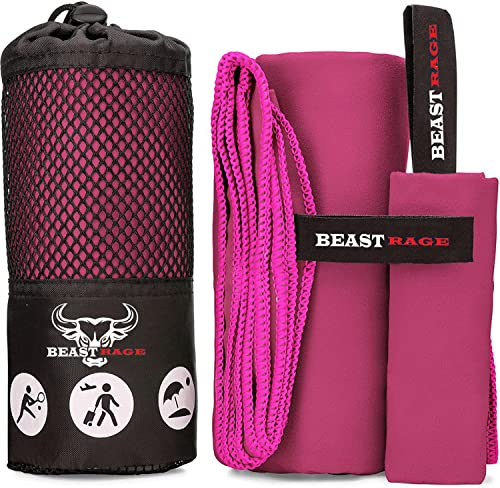 BEAST RAGE® Microfibre Towel Gym Beach Towel Fast Drying Super Absorbent Lightweight Gym accessories for Men Women Swimming Hair Towel Travel Camping Yoga Sports (100 x 50 cm, Pink)