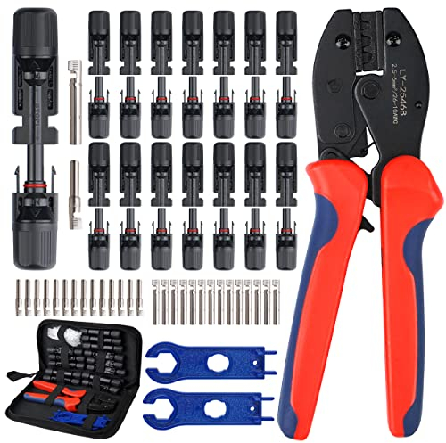 nuyikaso Lot de 63 Pinces à Sertir pour Panneau Solaires Câble PV 2.5/4.0/6.0mm² 15 Paires de Connecteurs de Panneau Solaire Mâle/Femelle 1 Outils de Sertissage Solaires 2 Pièces de Clé