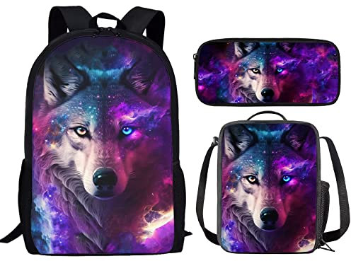 HELLHERO Galaxy Wolf Backpack for Kids Girls Boys School Bag Set with Lunch Box Pencil Case Durable School Backpack Sets Elementary School Student Bookbag Hiking Rucksack Travel Daypack