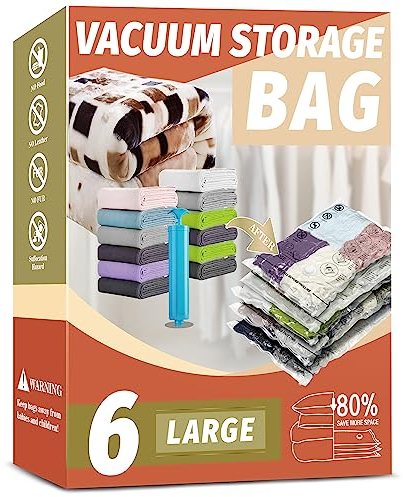 Vacuum Storage Bags, Space Saver Bags, Vacuum Sealer Bags for Comforters and Blankets, Compression Storage Bags for Clothes Storage, Hand Pump Included (6 Large)