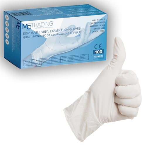 MCT INTERNATIONAL Guanti in Vinile Senza Polvere - Certificati CE, Ideali per Uso Medico, Laboratorio e Alimentare, Resistenti, Antiscivolo, Ambidestri, AQL 1.5, DPI Categoria III (M-100PCS)